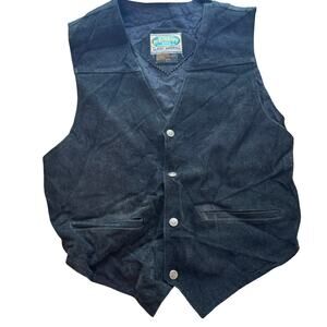 Vintage 90s Black Suede Leather Western Vest Star Buttons Boys L Fits Womens M